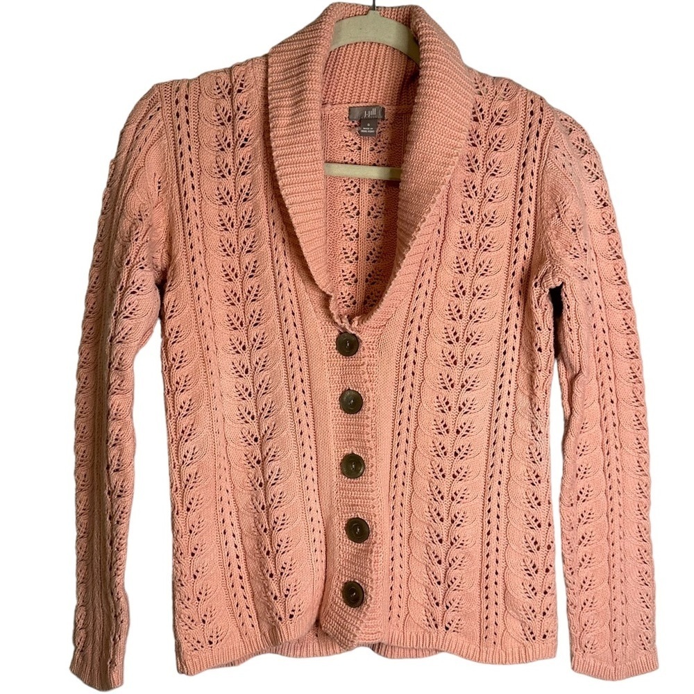 J.Jill Pink Cable Knit Button Down Cardigan Sweater Size Small‎ Cotton Acrylic